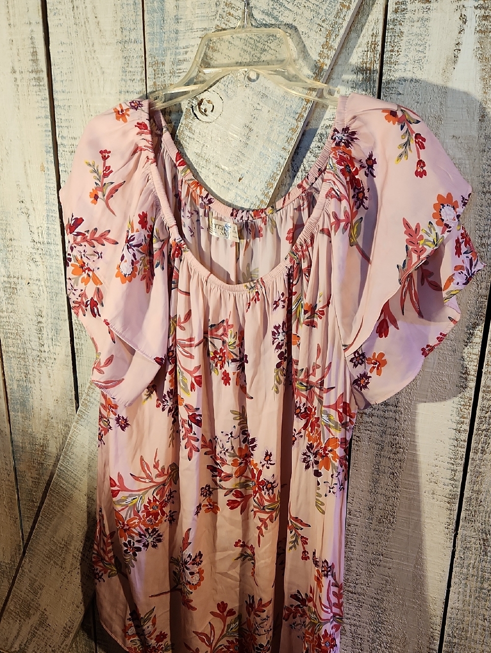 TERRA & SKY 2X  Flutter Sleeve Pink Floral ,cottagecore Long Top Summer Feminine